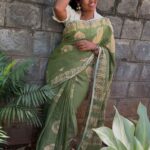 Block printed mul cotton(saree) - Algae green