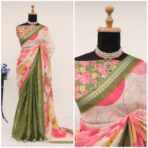 Florals on georgette (Saree) - Moss green - Image 4