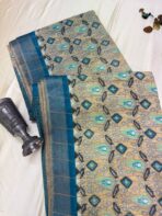 Ikkat printed Tussar cotton silk - Teal blue