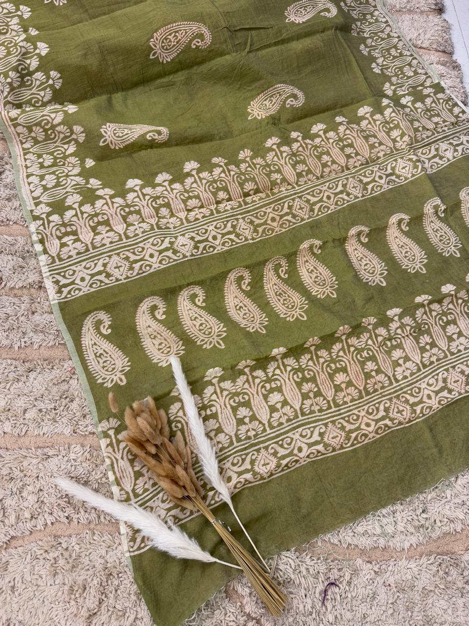 IMG-20250215-WA0000-1-1.jpg Block printed mul cotton(saree) - Moss green - Image 1