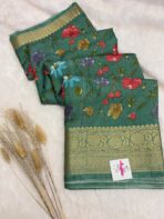 Florals printed semi dola silk - Forest green