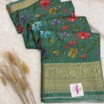 Florals printed semi dola silk - Forest green