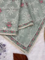 Sage green saree with cross stitch borders - Image 3