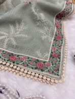 Sage green saree with cross stitch borders - Image 2