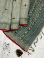 Sage green saree with French knots in Linen silk