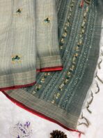 Sage green saree with French knots in Linen silk - Image 3