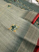 Sage green saree with French knots in Linen silk - Image 4