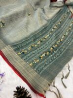 Sage green saree with French knots in Linen silk - Image 5