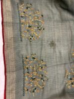 Sage green saree with French knots in Linen silk - Image 6