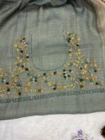 Sage green saree with French knots in Linen silk - Image 7
