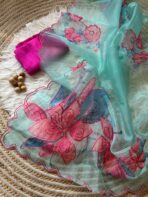 Organza Saree with floral print and scalloped resham border - SY101