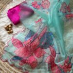 Organza Saree with floral print and scalloped resham border - SY101