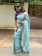 Cross stitch on Tussar silk in Ice blue