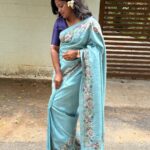 Cross stitch on Tussar silk in Ice blue