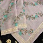 Baby pink Kota silk saree with florals embroidered