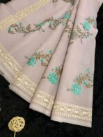 Baby pink Kota silk saree with florals embroidered - Image 2