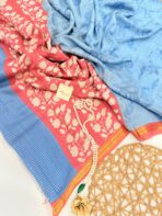 Jessi (Mul chanderi saree) - Ice blue & Coral