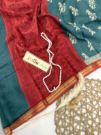 Jessi (Mul chanderi saree) - Steel teal & Red - Image 2