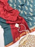 Jessi (Mul chanderi saree) - Steel teal & Red