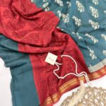 Jessi (Mul chanderi saree) - Steel teal & Red