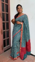 Jessi (Bandini Mul chanderi saree) - Steel teal & Deep Red