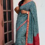 Jessi (Bandini Mul chanderi saree) - Steel teal & Deep Red