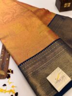 Chandrika (Kancheevaram tissue silk) - Golden peach & Navy - Image 3