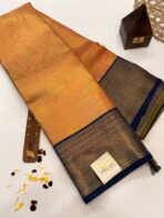 Chandrika (Kancheevaram tissue silk) - Golden peach & Navy - Image 2